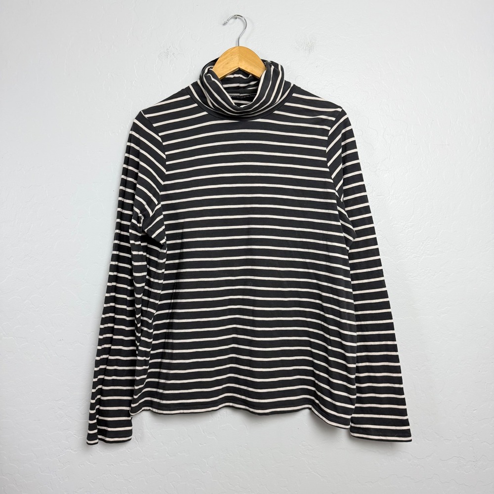 Faherty Women Black White Striped Cotton Turtleneck Long Sleeve Top Large